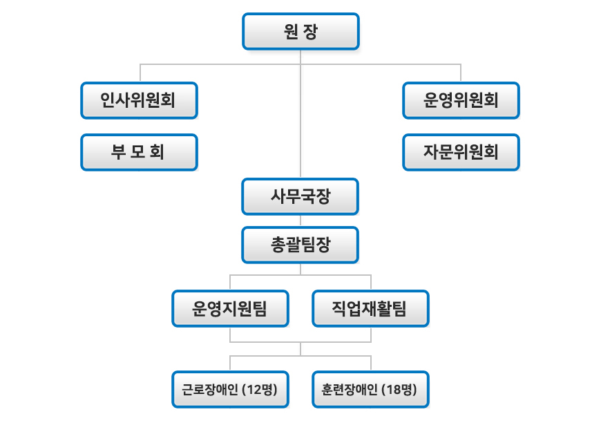 조직도:원장,운영위원회,인사위원회,부모회,사무국장,자문위원회,운영팀,훈련팀,교육팀,생산관리팀